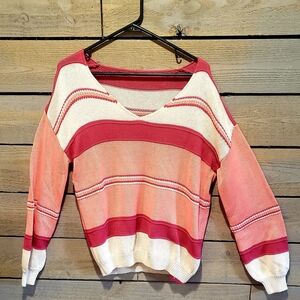Vibrant Pink and Cream V-Neck Sweater